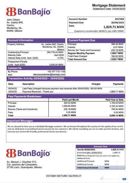 Download Mexico BanBajío mortgage statement Word and PDF template Photoshop template